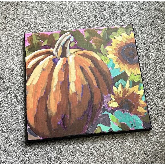 Autumn Still Life Acrylic on Canvas Pumpkin and Sunflowers 12” x 12” - Picture 2 of 3